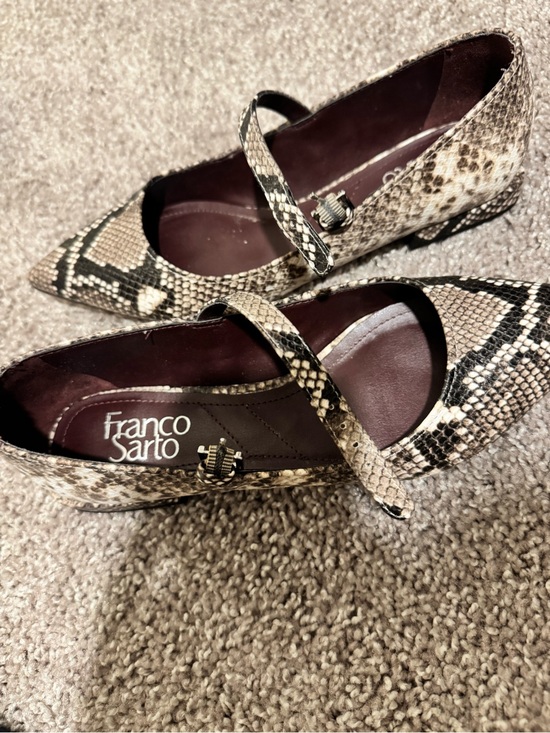 Franco Sarto Snake-Print Pointed Mary Jane Flats in Beige and Black